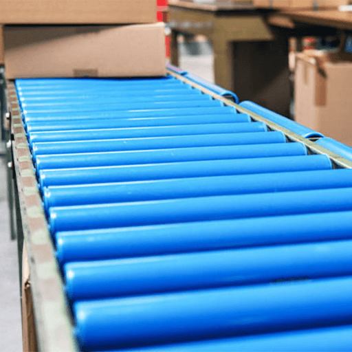 Image of Inplex Custom Plastic Conveyor Rollers and Covers Transporting Boxed Goods